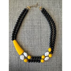Vintage 1960s 70s Statement Necklace Black Yellow White Beaded Mod Jewelry